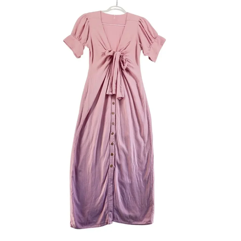 Free People endless summer Pink Tie Front Midi Dress Cottagecore Puff Sleeve  M